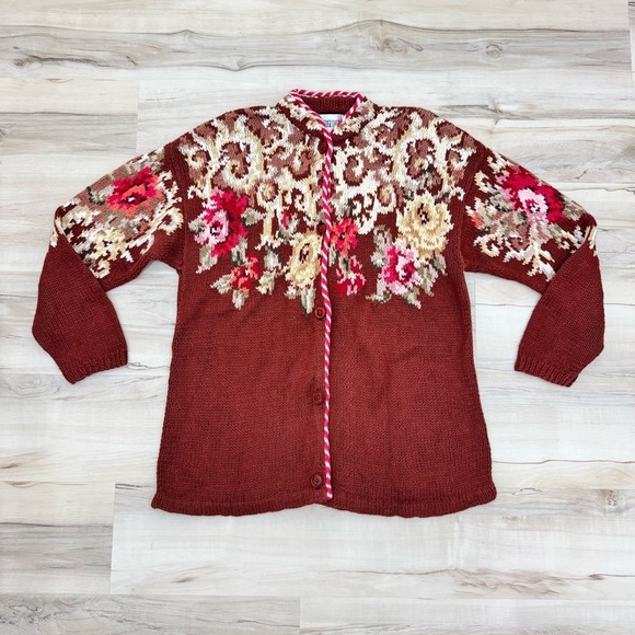 Vintage long button front Together Floral sweater cardigan Sz Large cotton blend - Picture 3 of 5
